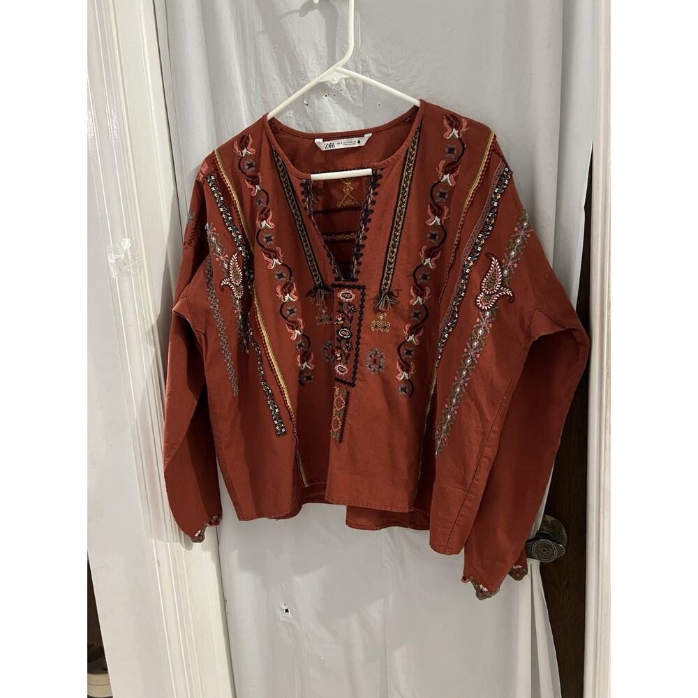 Zara Rust Floral Embroidered V Neck Popover Shirt Sz S Boho Peasant Linen Blend - Picture 2 of 10